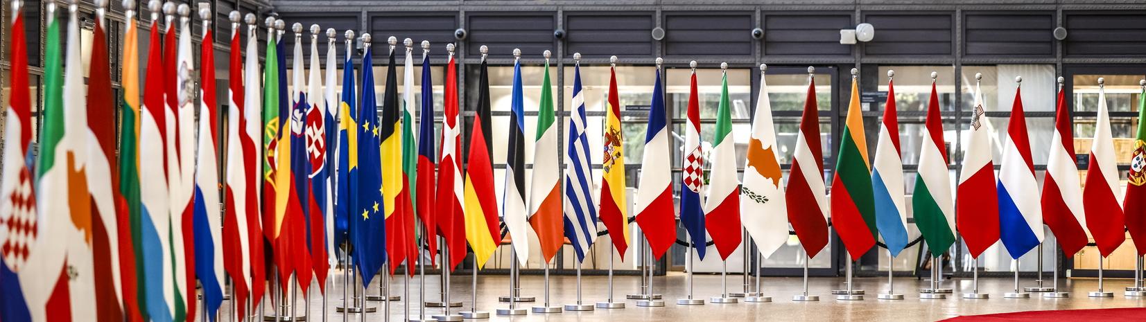 Photo représentant une rangée de drapeaux au sein du bâtiment de la commission européenne. 
